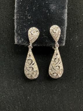 Vintage Panetta Clip On Earrings Silver Tone Clear Rhinestone Dangle Teardrops